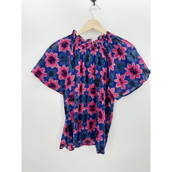 Banjanan Women Small Blue Pink Motif Floral Dahlia Smocked Blouse Top - Picture 1 of 8